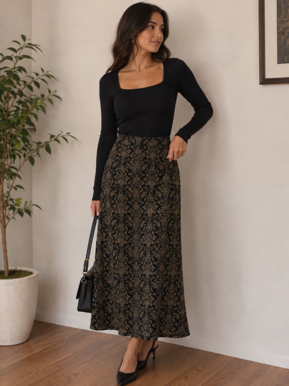 Vintage Elegant Black Maxi Skirt with Tan Damask Pattern